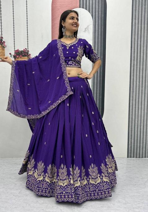 Royal Blue Embroidery Chinon Lehenga Choli