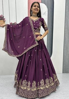 Plum Purple Embroidery Chinon Lehenga Choli
