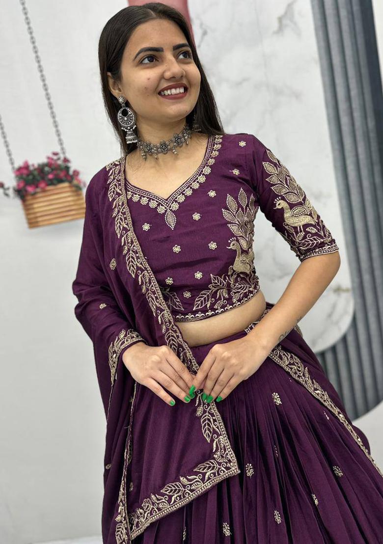 Plum Purple Embroidery Chinon Lehenga Choli - Indya
