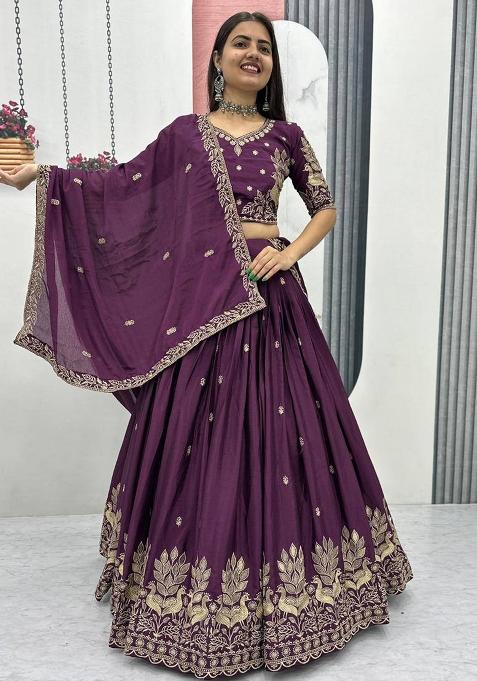 Plum Purple Embroidery Chinon Lehenga Choli