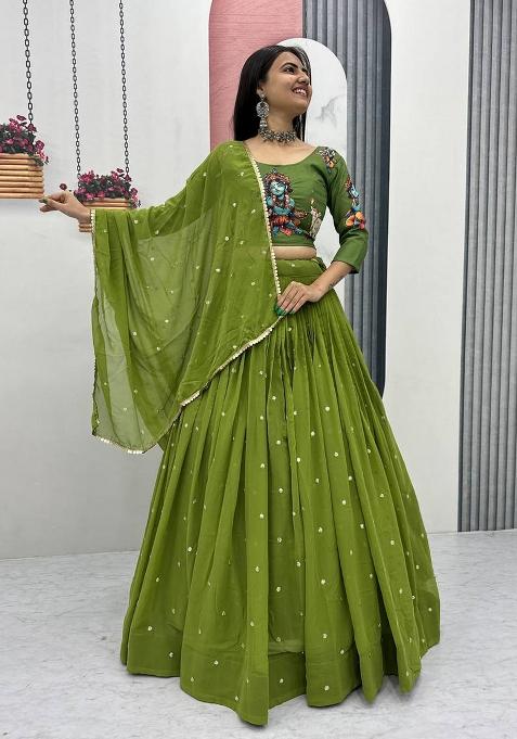 Green Printed Georgette Lehenga Choli