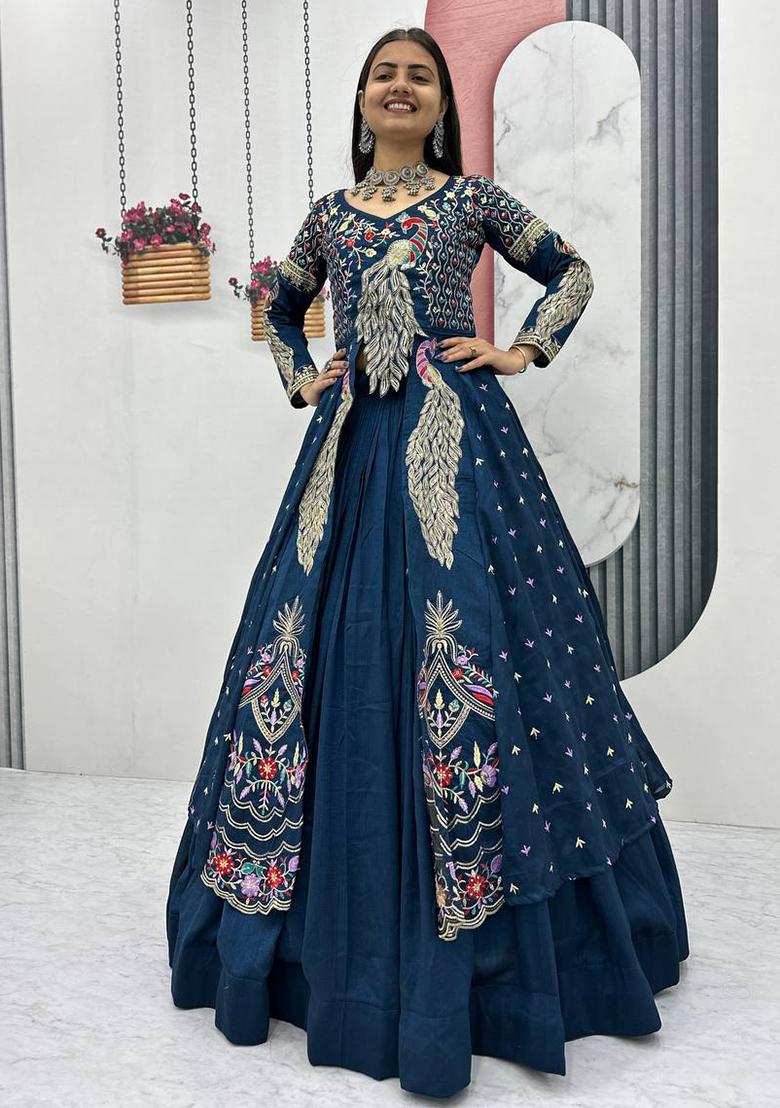 Blue Sequence Work Vichitra Lehenga Choli - Indya