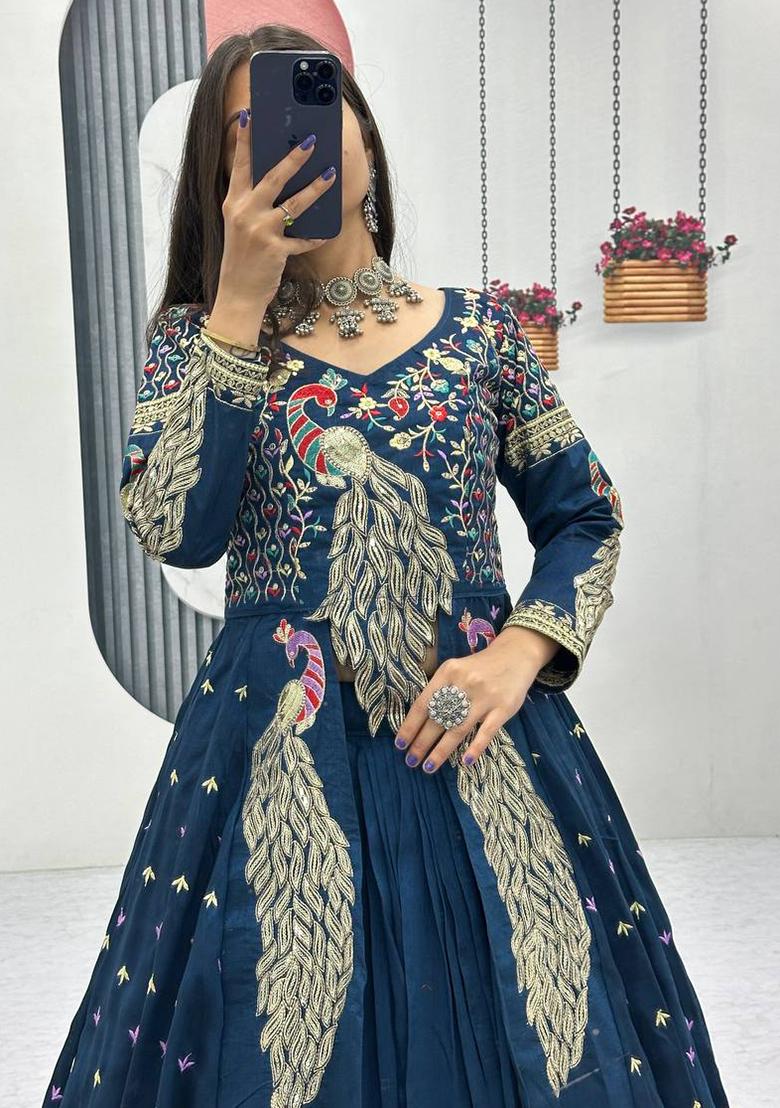 Blue Sequence Work Vichitra Lehenga Choli - Indya