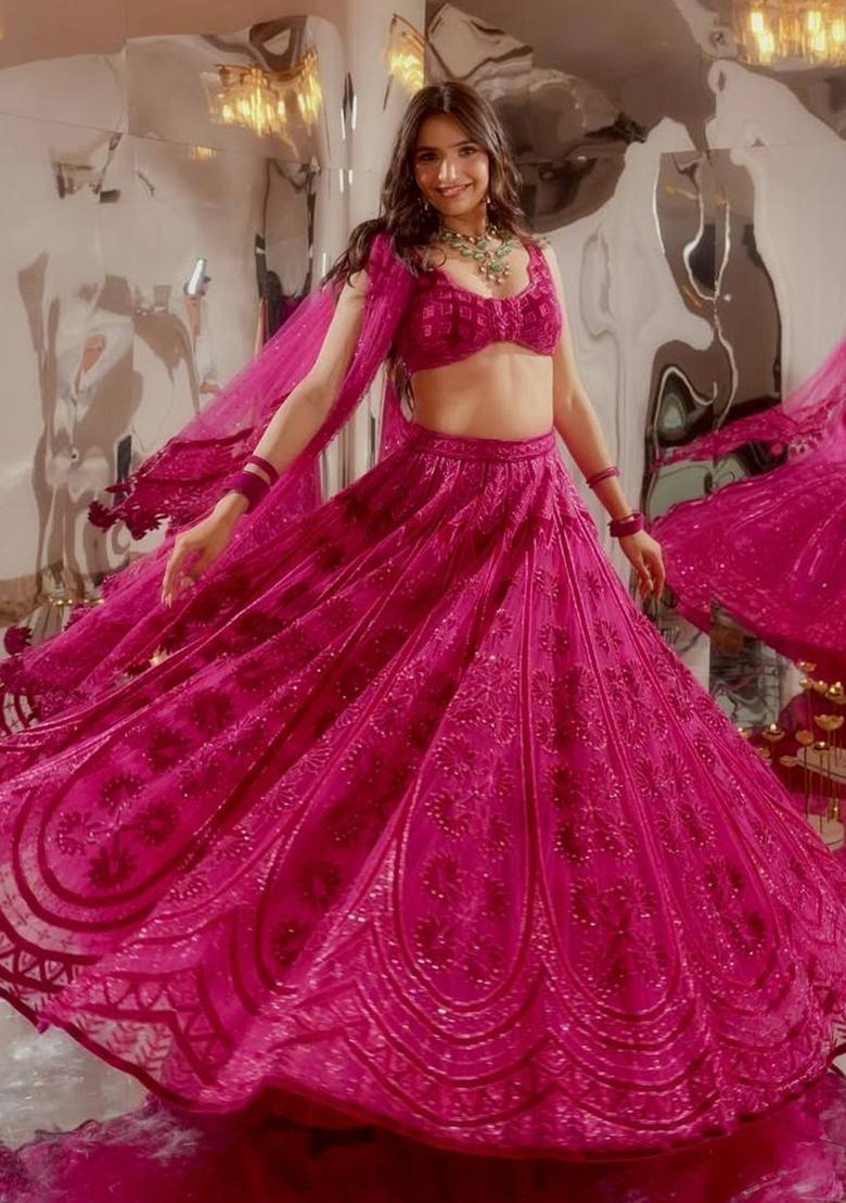 Pink Thread, Sequins And Dori Work Silk Lehenga Choli - Indya