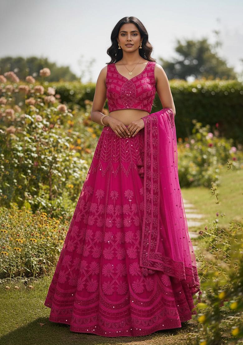 Pink Thread, Sequins And Dori Work Silk Lehenga Choli - Indya