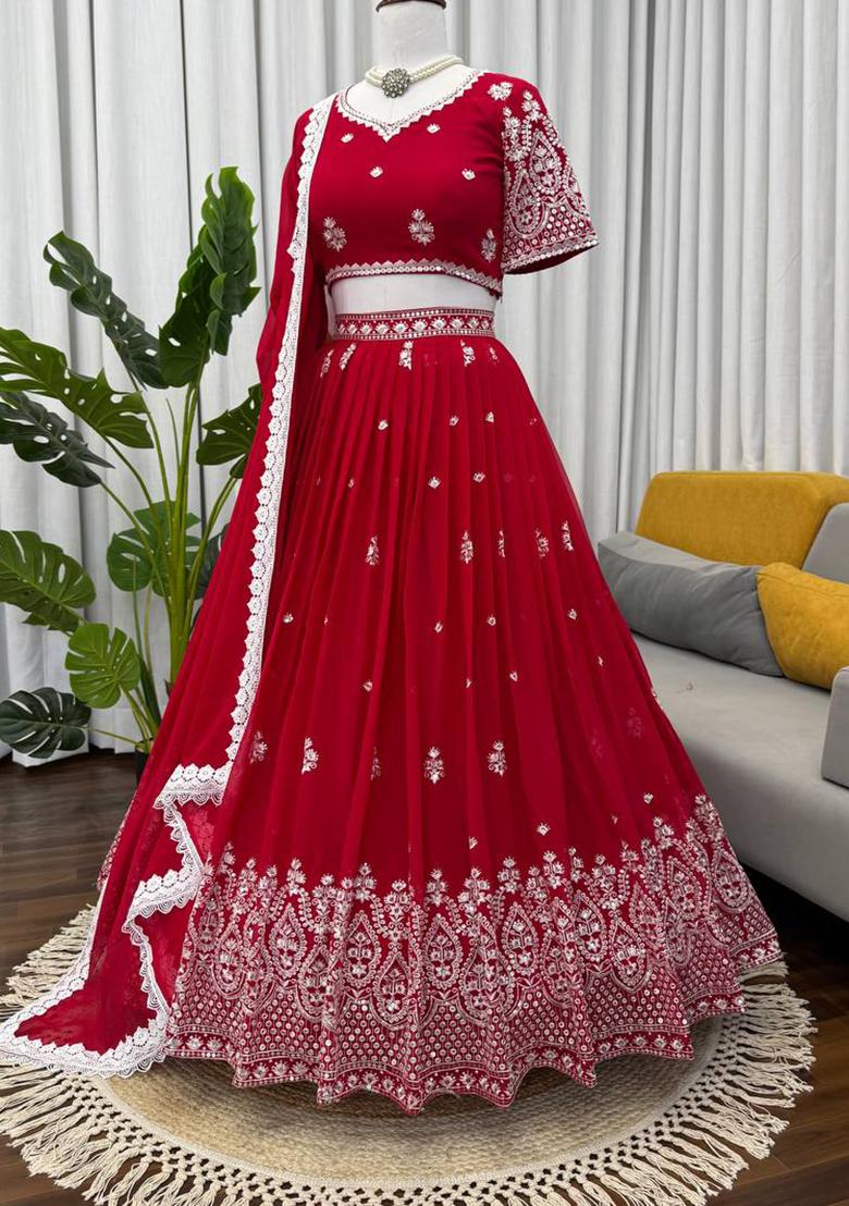 Red Thread Work Silk Lehenga Choli - Indya