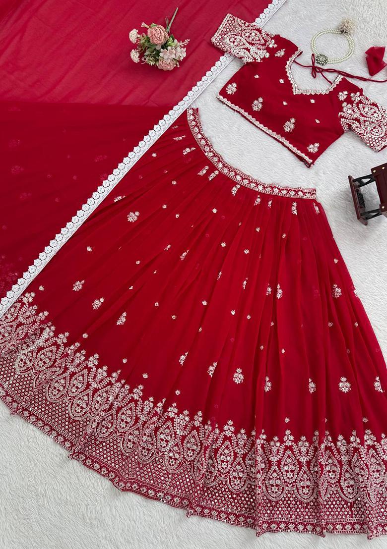 Red Thread Work Silk Lehenga Choli - Indya