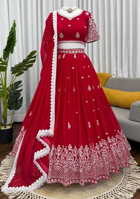 Red Thread Work Silk Lehenga Choli