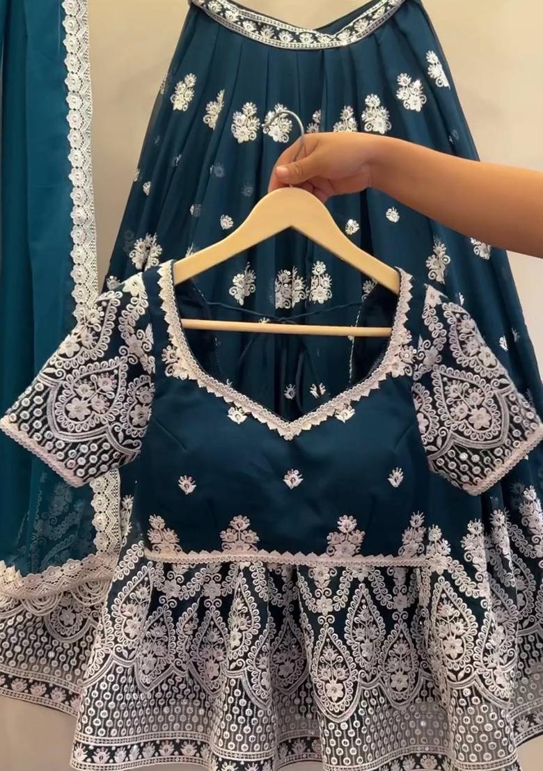 Blue Thread Work Silk Lehenga Choli - Indya