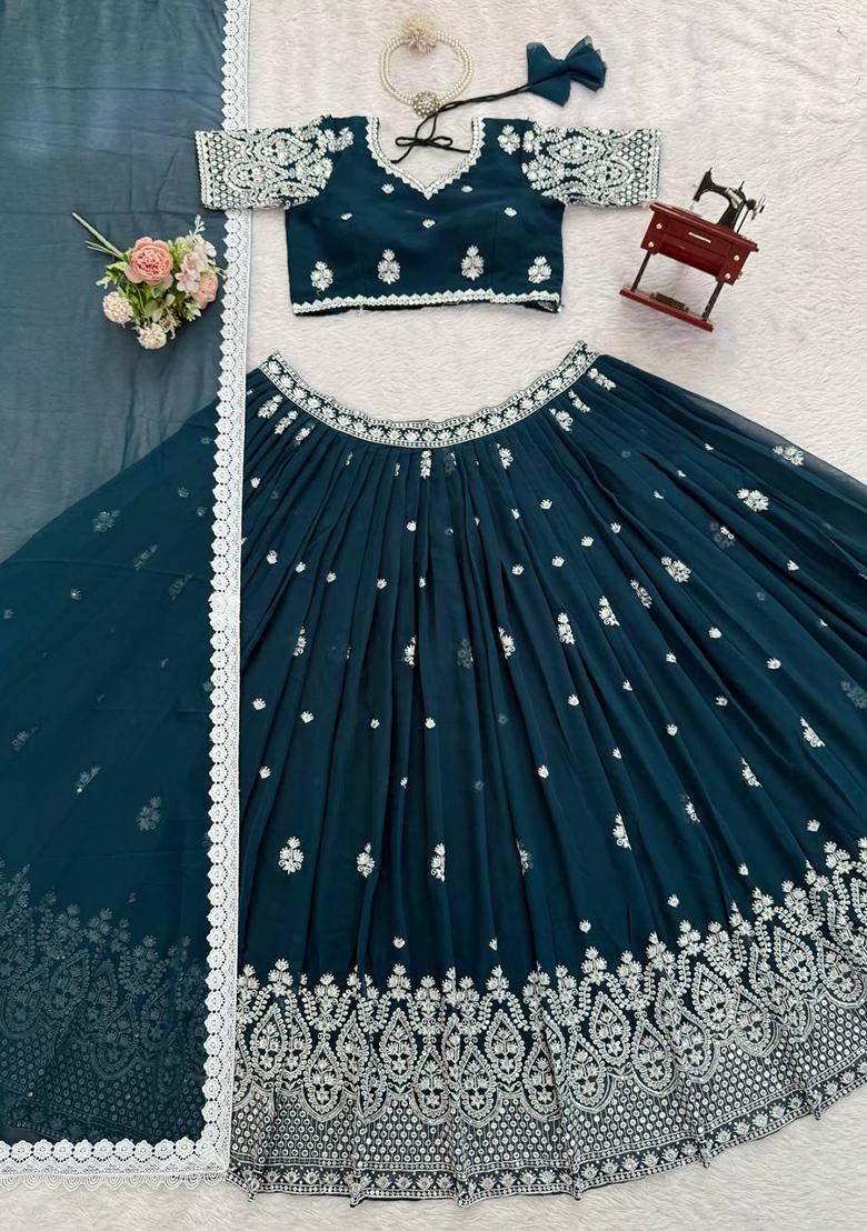 Blue Thread Work Silk Lehenga Choli - Indya