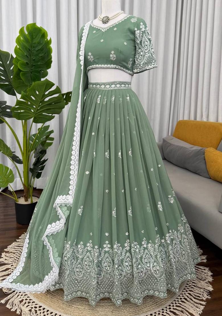 Pista Green Thread Work Silk Lehenga Choli - Indya
