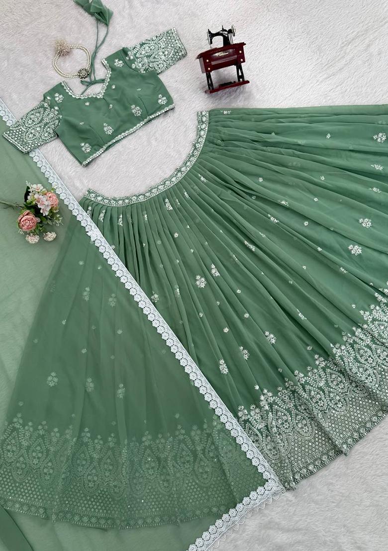 Pista Green Thread Work Silk Lehenga Choli - Indya