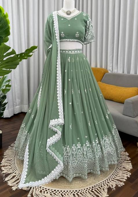 Pista Green Thread Work Silk Lehenga Choli
