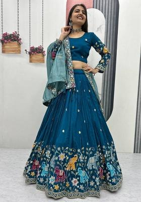 Teal Blue Sequence Work Silk Lehenga Choli