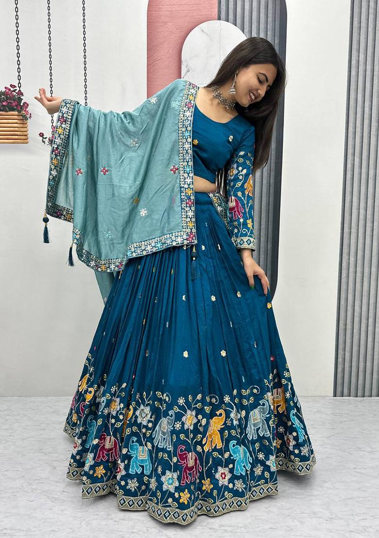 Teal Blue Sequence Work Silk Lehenga Choli - Indya