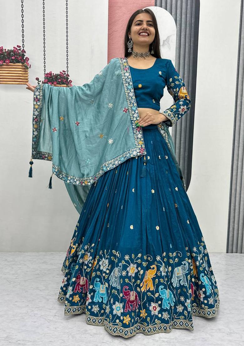 Teal Blue Sequence Work Silk Lehenga Choli - Indya