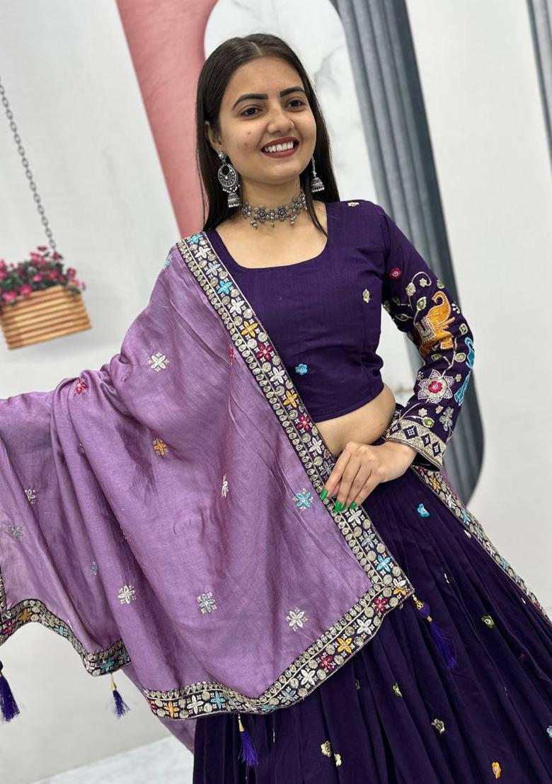 Purple Sequence Work Silk Lehenga Choli - Indya