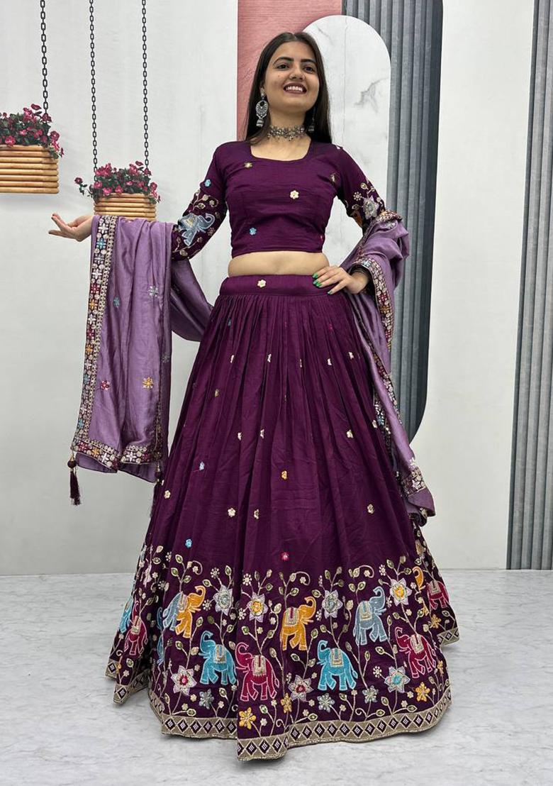 Wine Sequence Work Silk Lehenga Choli - Indya
