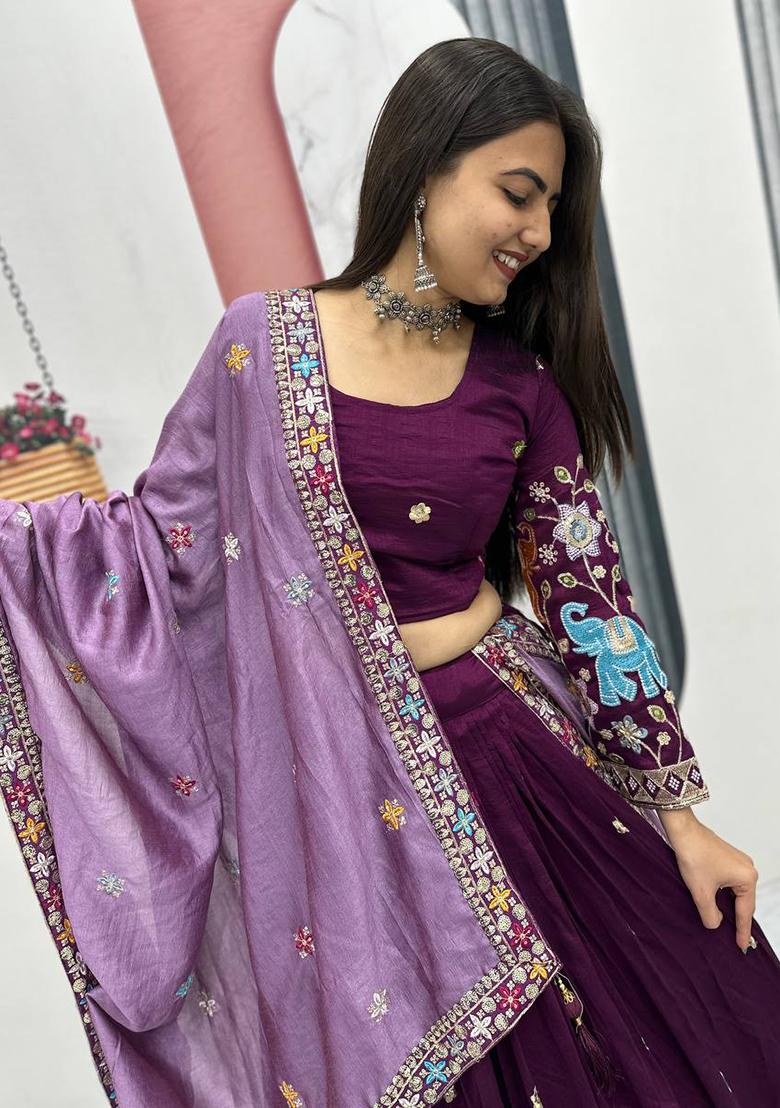 Wine Sequence Work Silk Lehenga Choli - Indya