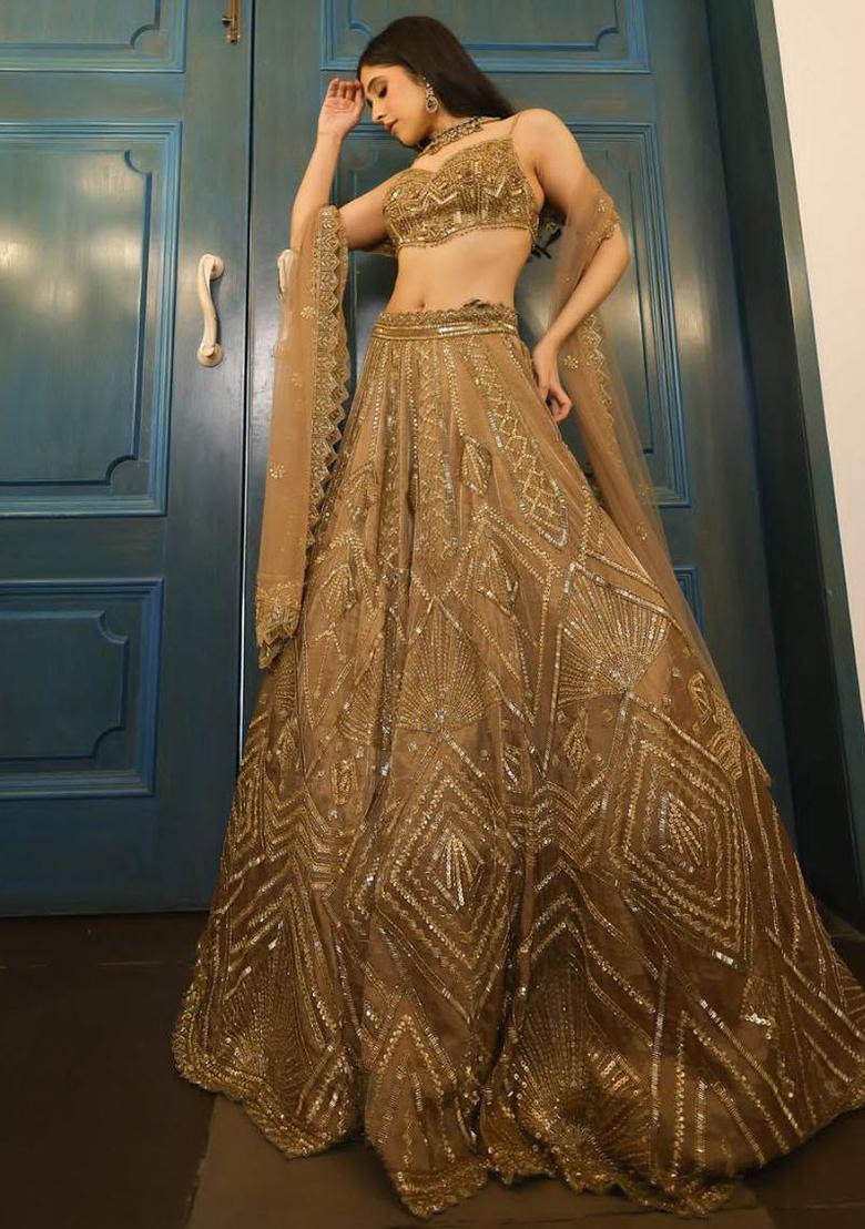 Golden Embroidery Net Lehenga Choli - Indya