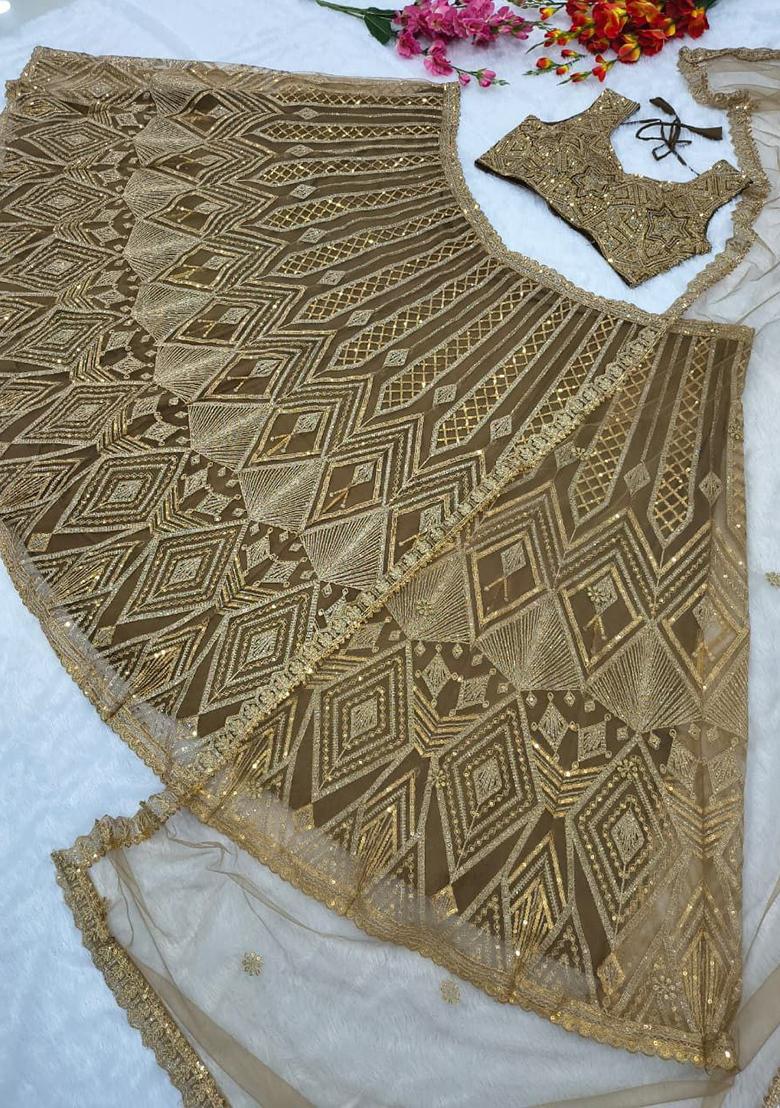 Golden Embroidery Net Lehenga Choli - Indya
