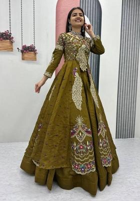Olive Sequence Work Vichitra Lehenga Choli