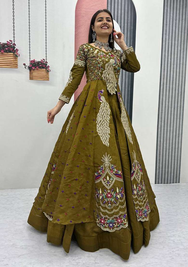 Olive Sequence Work Vichitra Choli Lehenga for Diwali | Wedding & Festive Wear - Indya