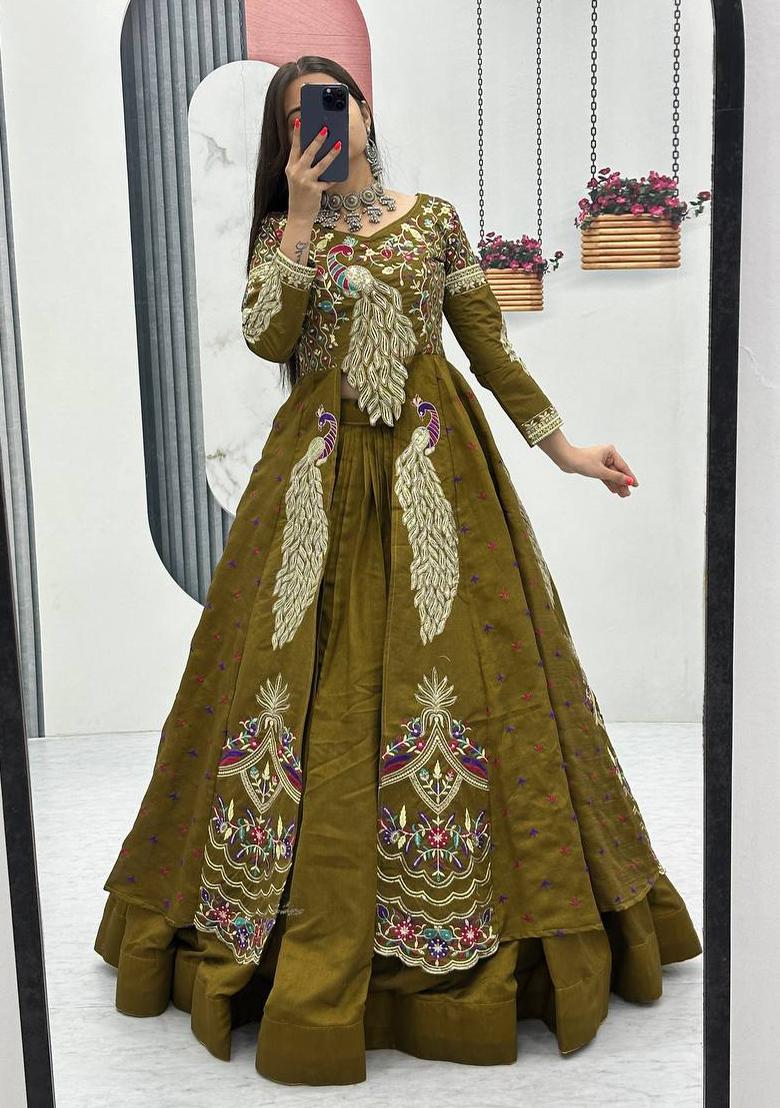 Olive Sequence Work Vichitra Lehenga Choli - Indya