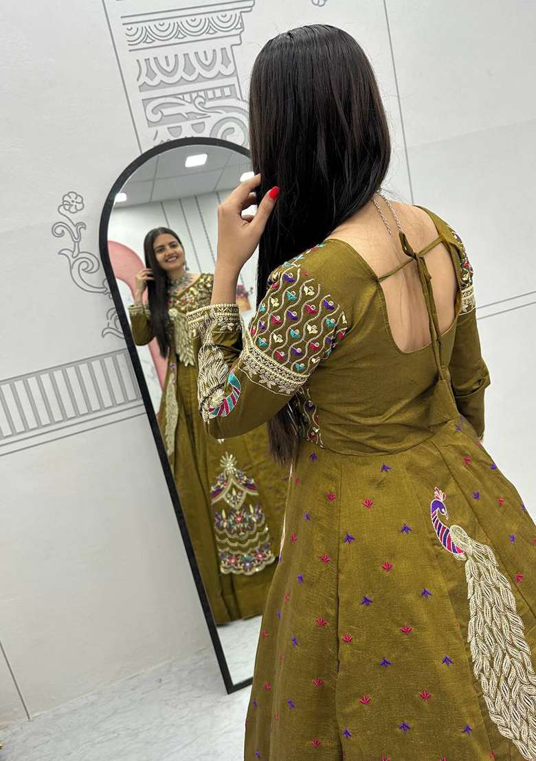 Olive Sequence Work Vichitra Choli Lehenga for Diwali | Wedding & Festive Wear - Indya
