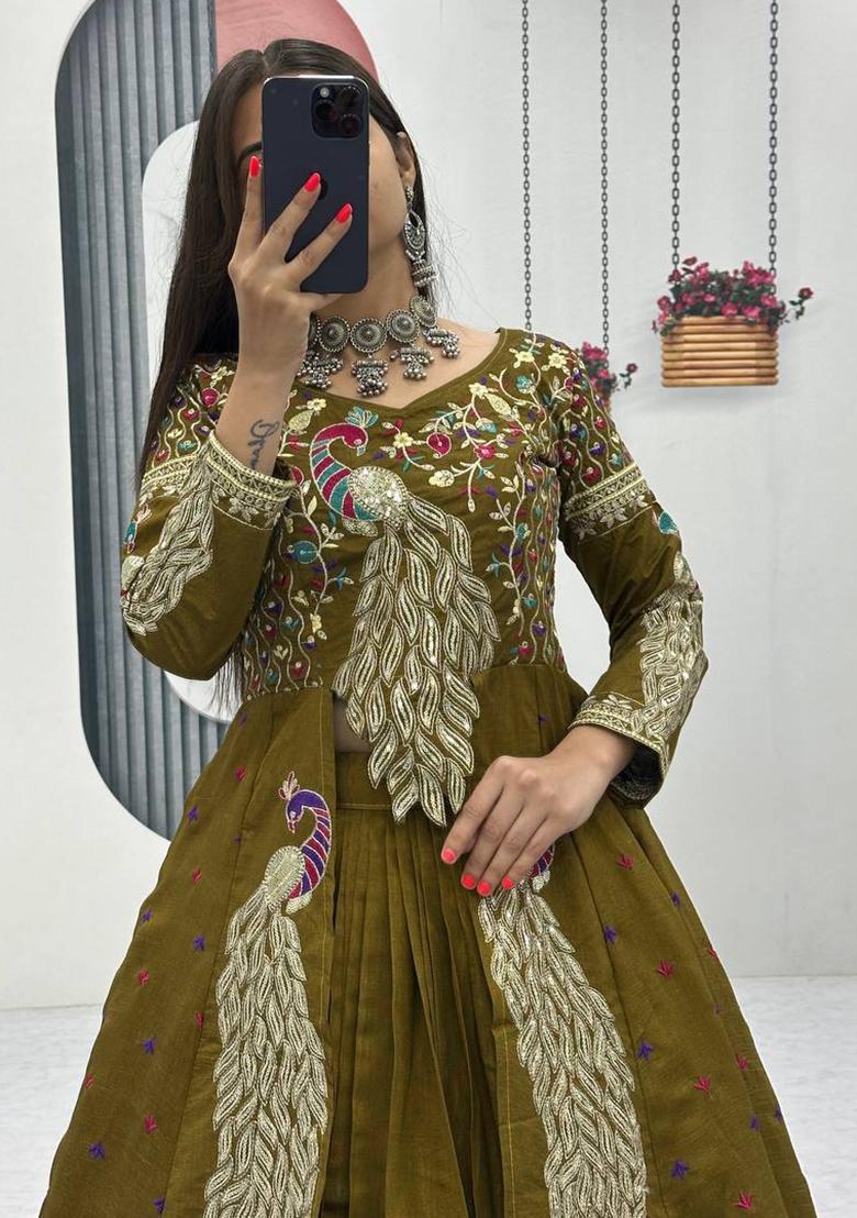 Olive Sequence Work Vichitra Lehenga Choli - Indya