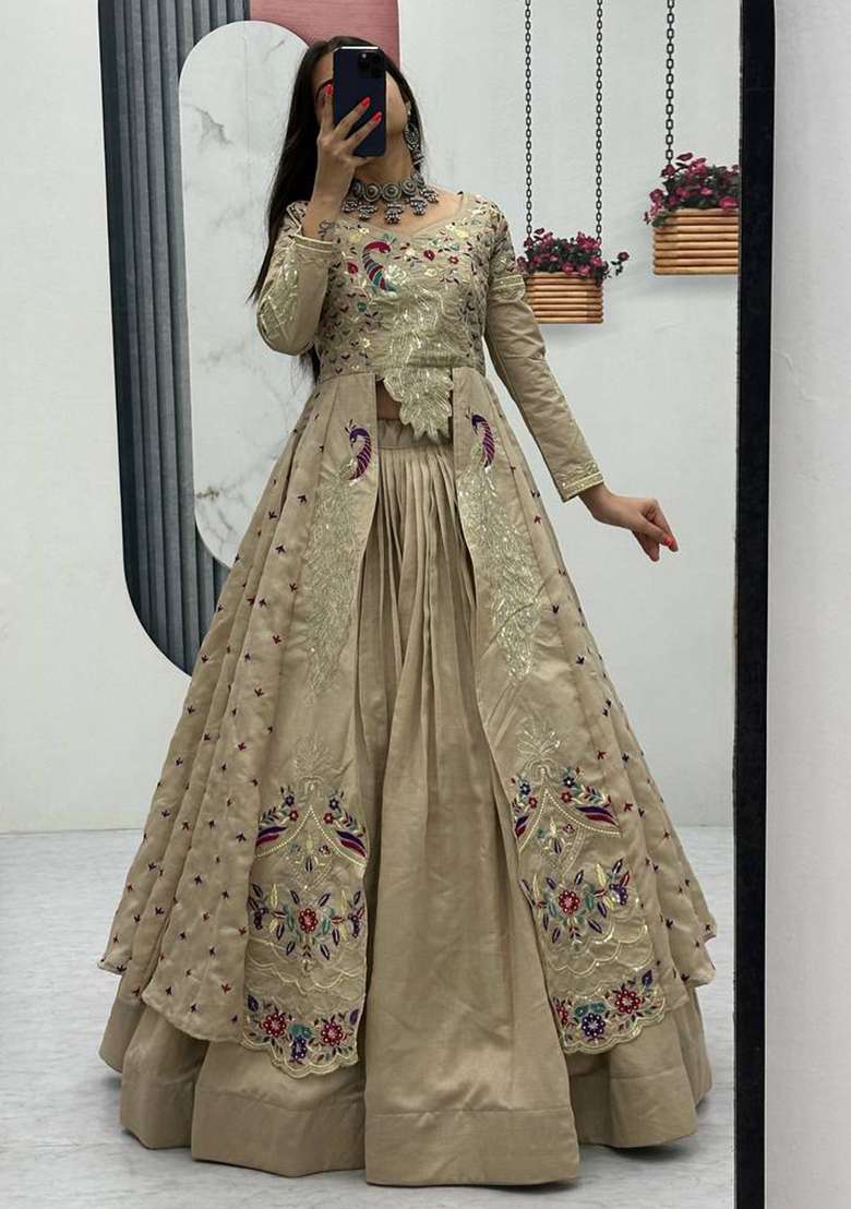 Cream Sequence Work Vichitra Lehenga Choli for Diwali and Festive Wear - Indya