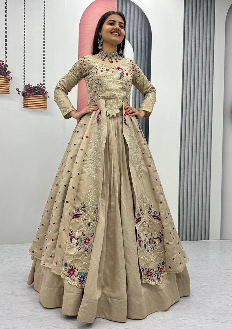 Cream Sequence Work Vichitra Lehenga Choli - Indya