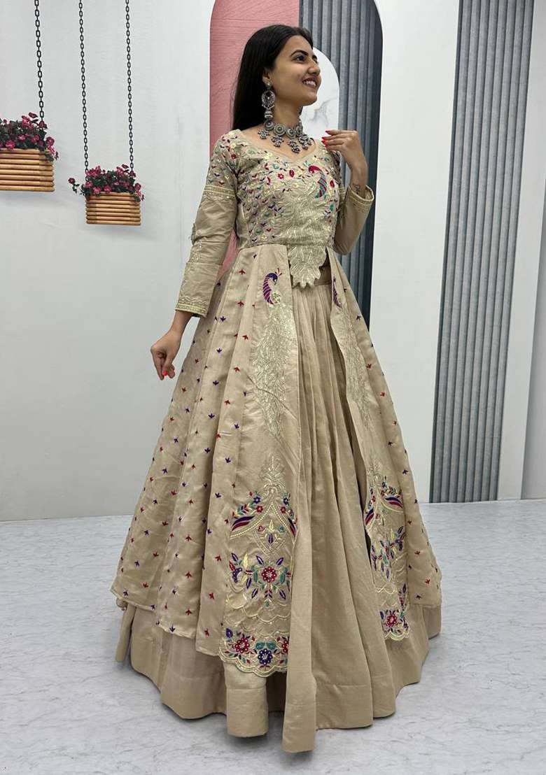 Cream Sequence Work Vichitra Lehenga Choli for Diwali and Festive Wear - Indya