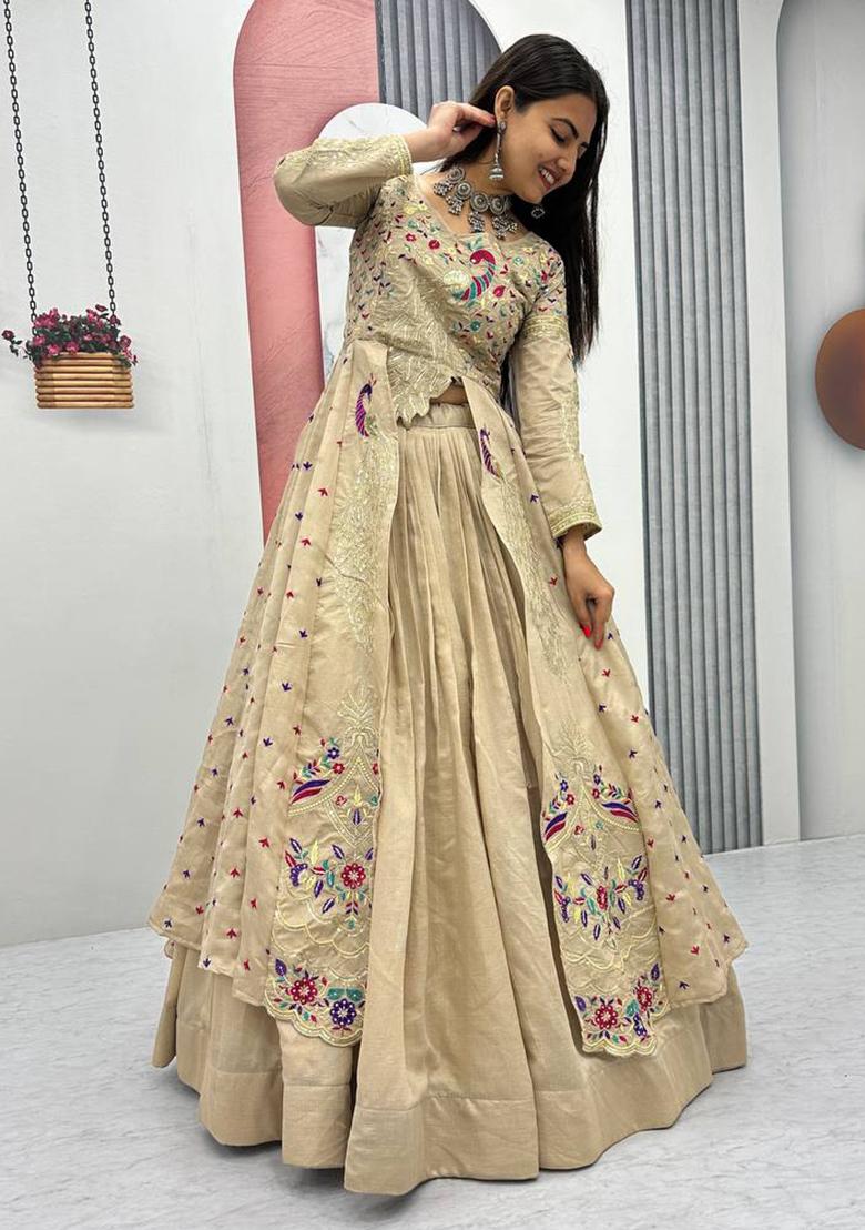 Cream Sequence Work Vichitra Lehenga Choli - Indya
