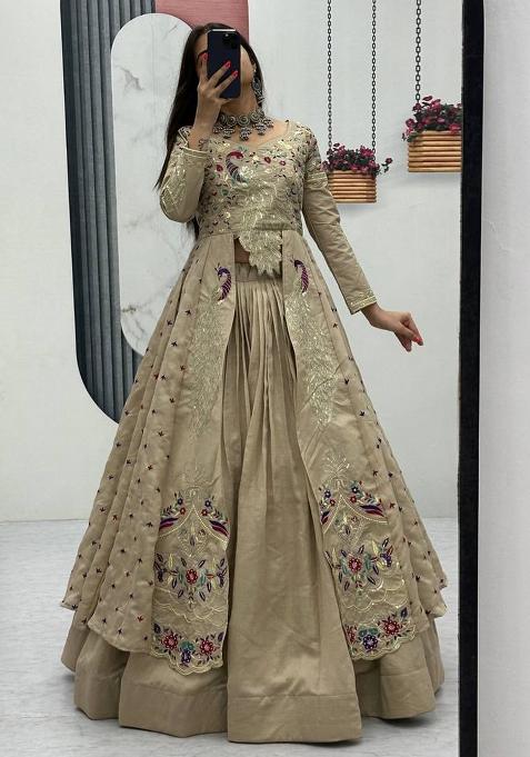 Cream Sequence Work Vichitra Lehenga Choli