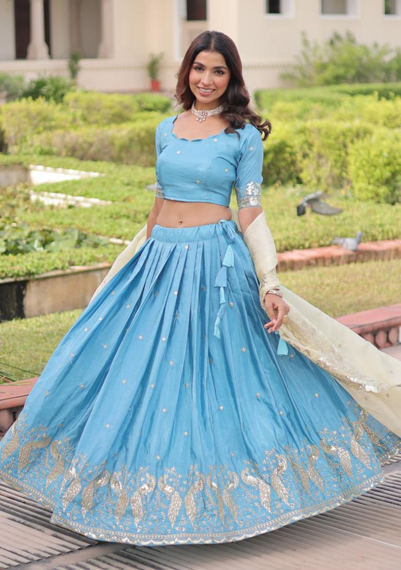 Sky Blue Embroidery Gold Crush Lehenga Choli - Indya