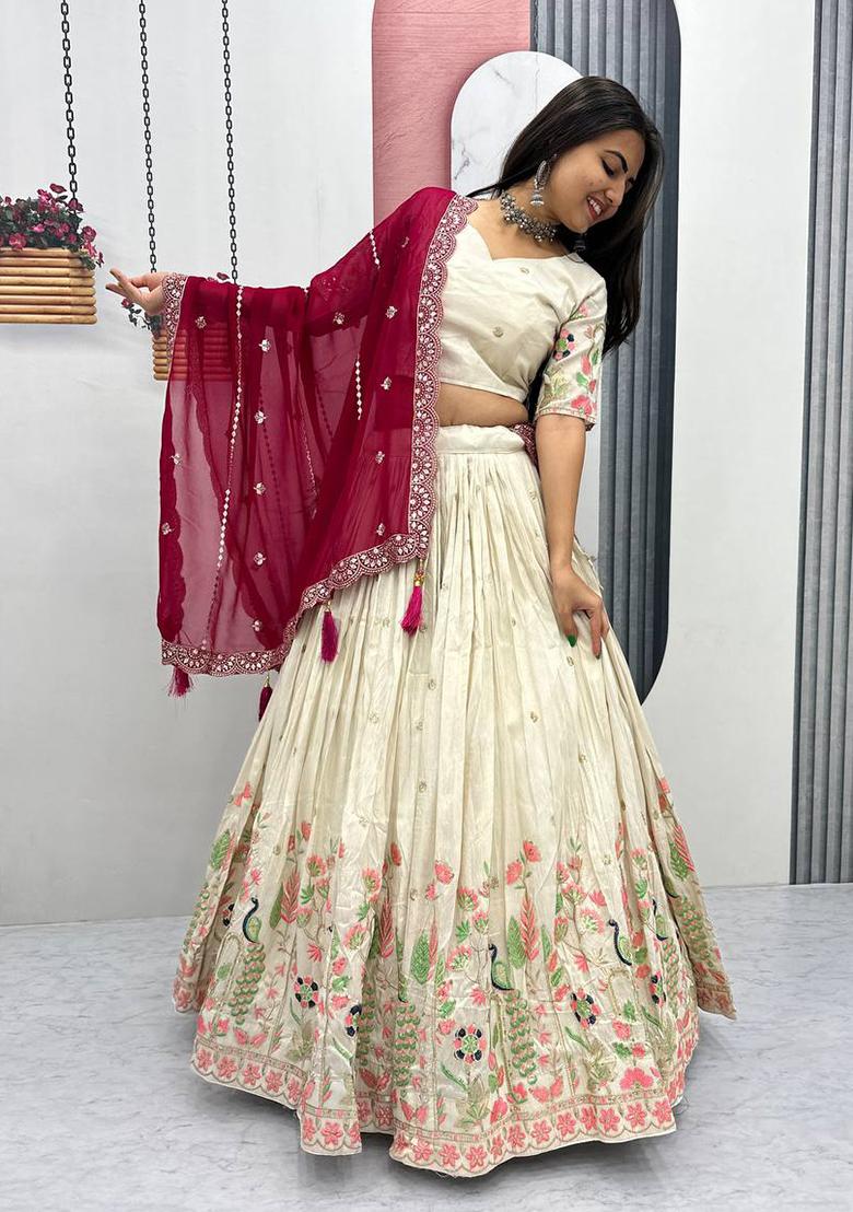 Cream Sequence Work Silk Lehenga Choli - Indya