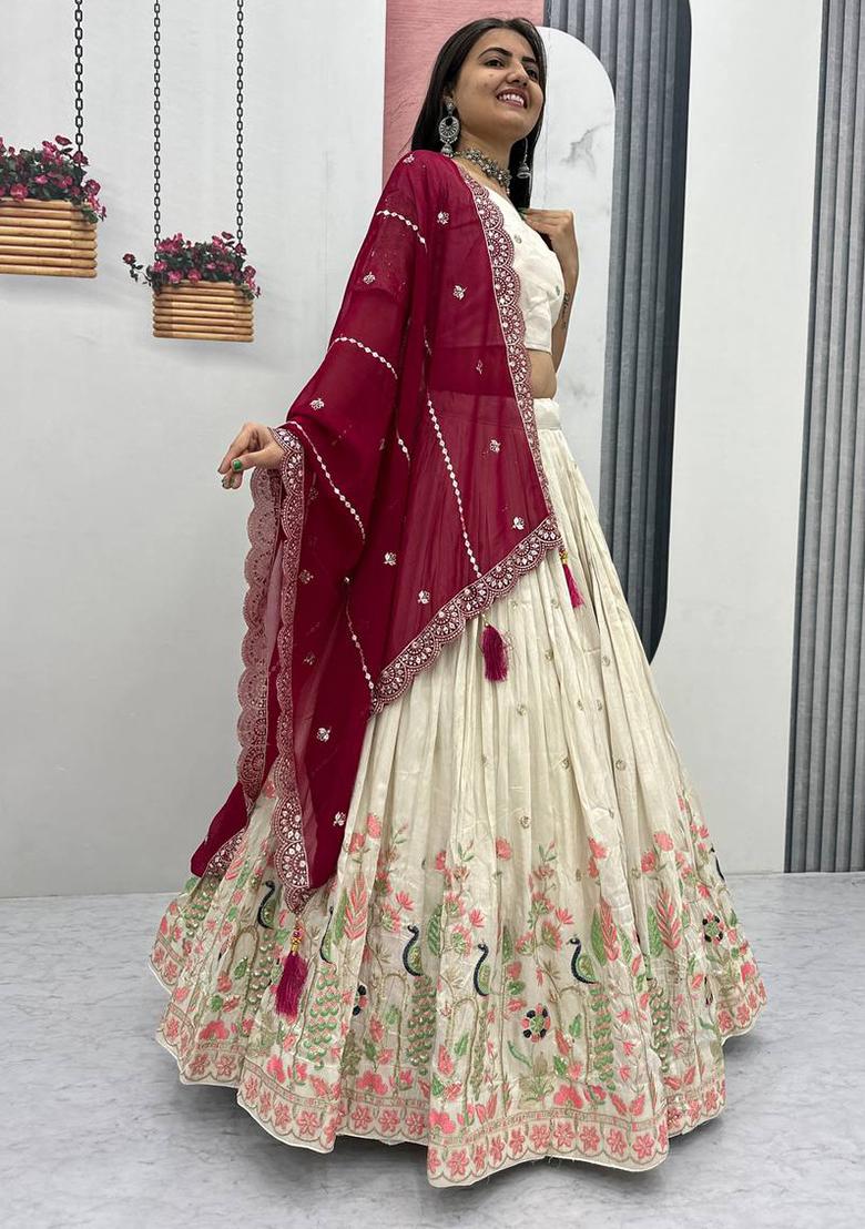 Cream Sequence Work Silk Lehenga Choli - Indya