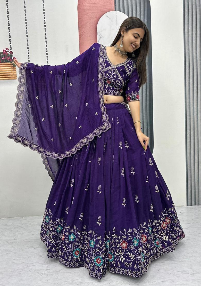 Purple Embroidery Vichitra Lehenga Choli - Indya