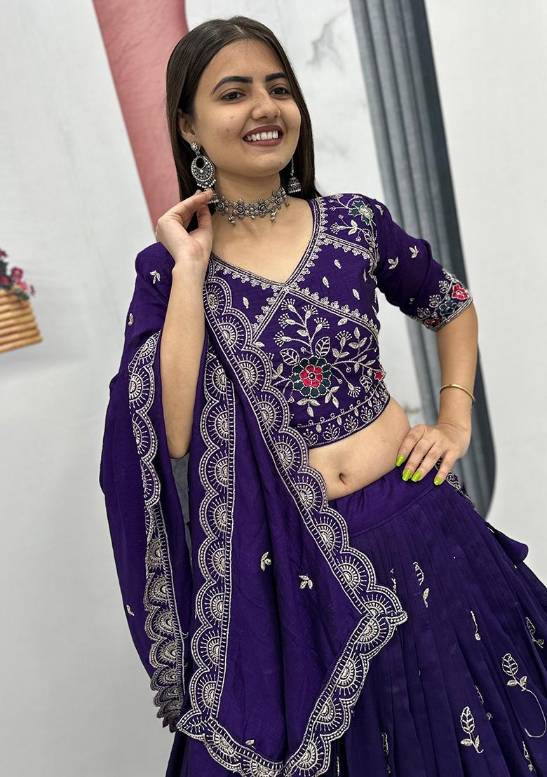 Purple Embroidery Vichitra Lehenga Choli - Indya
