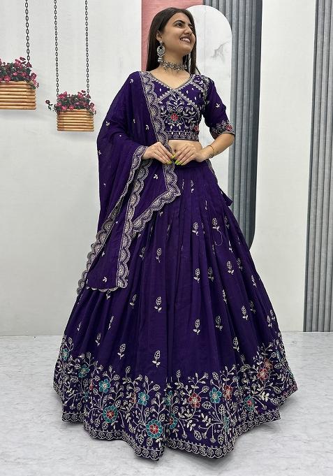 Purple Embroidery Vichitra Lehenga Choli