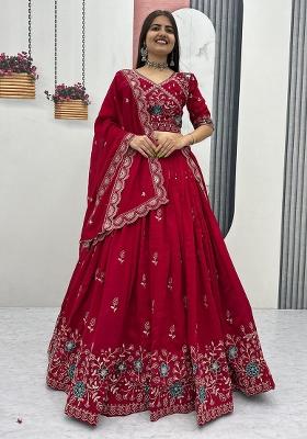Red Embroidery Vichitra Lehenga Choli