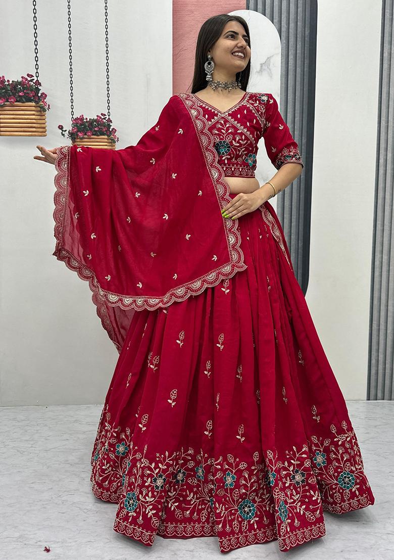 Red Embroidery Vichitra Lehenga Choli - Indya