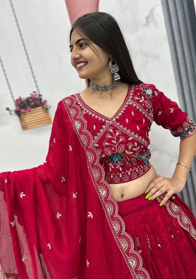 Red Embroidery Vichitra Lehenga Choli - Indya