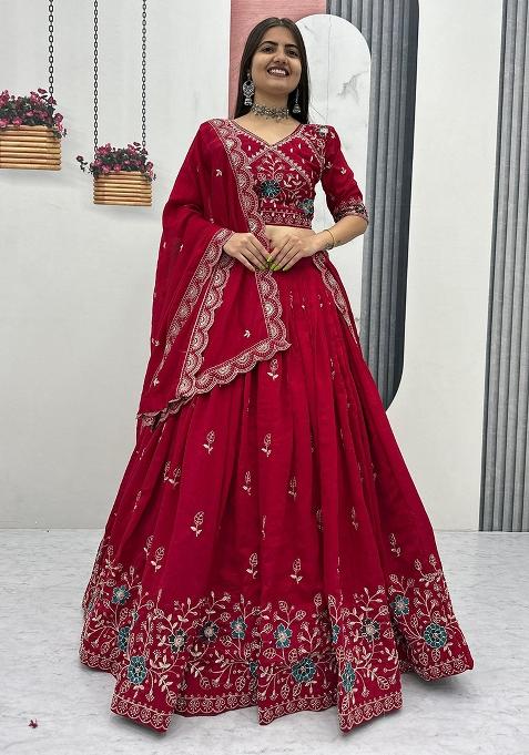 Red Embroidery Vichitra Lehenga Choli