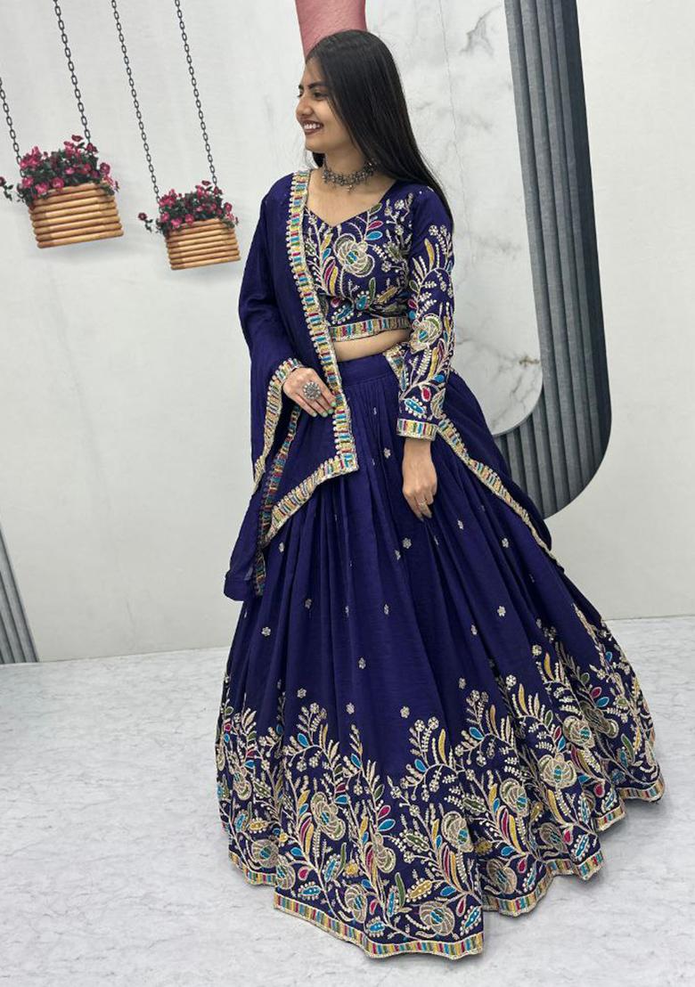 Navy Blue Embroidery Silk Lehenga Choli - Indya