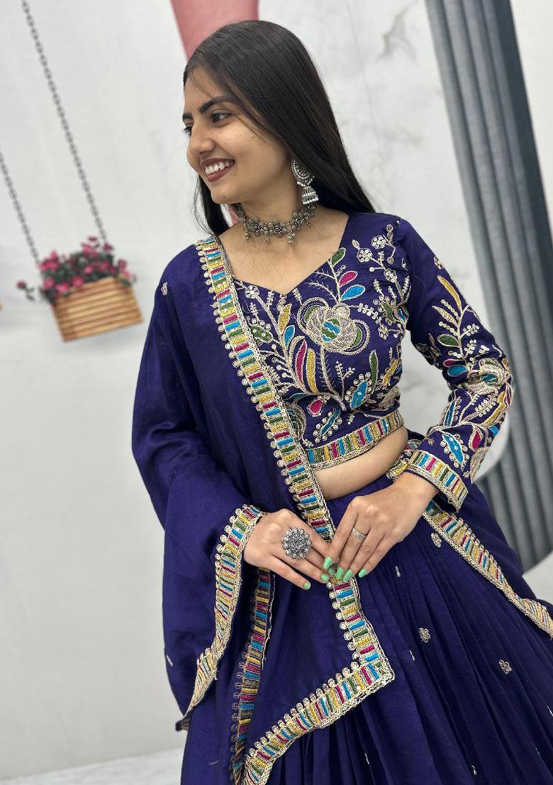 Navy Blue Embroidery Silk Lehenga Choli - Indya