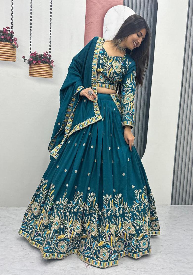 Blue Embroidery Silk Lehenga Choli - Indya