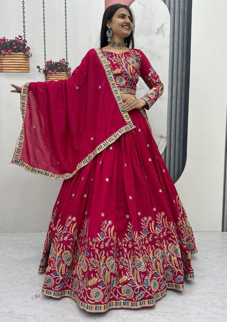 Pink Embroidery Silk Lehenga Choli - Indya