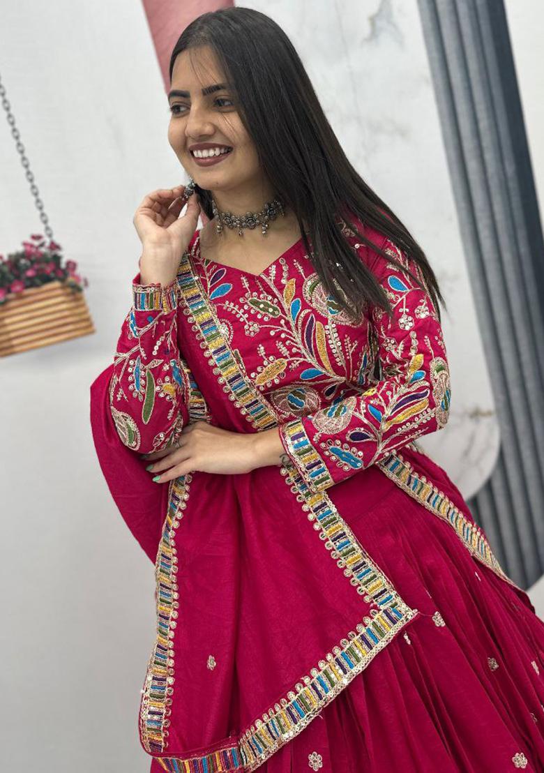 Pink Embroidery Silk Lehenga Choli - Indya